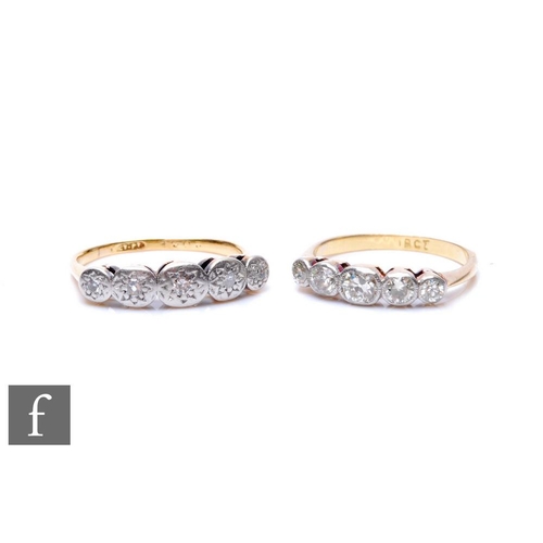 76 - Two mid 20th Century 18ct diamond five stone rings, total weight 6.4g, one millgrain set, some damag... 