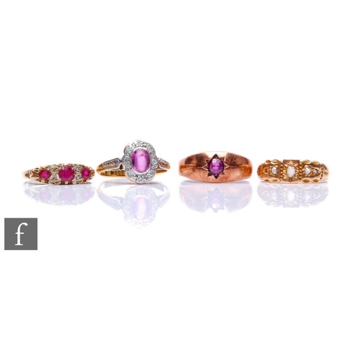 78 - Four assorted rings an 18ct ruby and diamond cluster, weight 3.9g, a 15ct diamond five stone ring, w... 