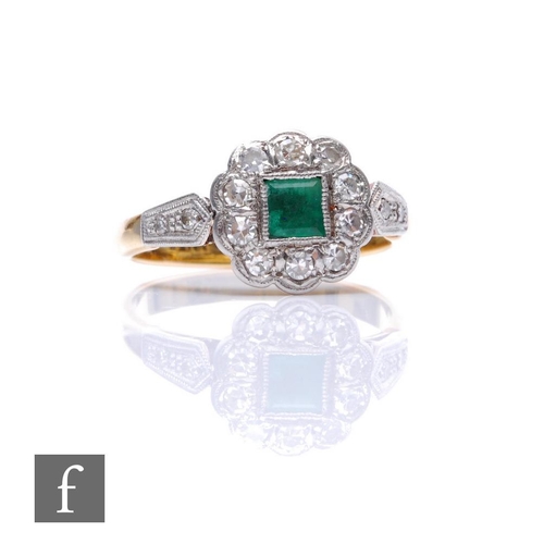 88 - A mid 20th Century 18ct emerald and diamond cluster ring, central square cut emerald, length 3.8mm, ... 