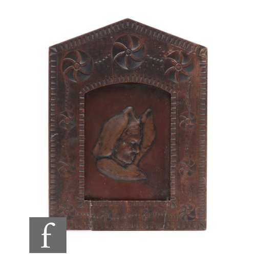 9071 - An embossed copper plaque by René Gardille (1889-1938), depicting a Breton woman, bears stamped sign... 