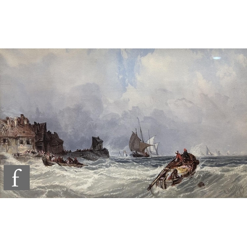 558 - AFTER CHARLES BENTLEY - Fishing boats in a choppy harbour, chromolithograph, signed in the stone, fr... 