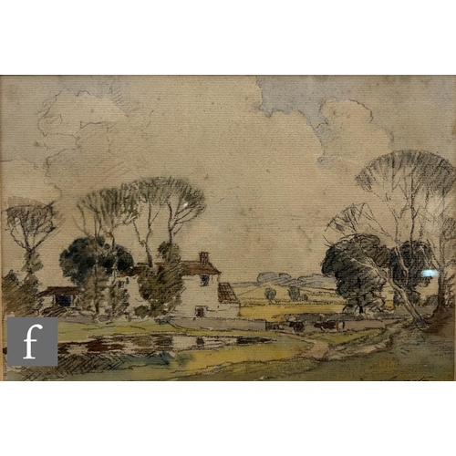 577 - PERCY LANCASTER (1878-1951) - A wooded landscape with farmhouse, a pencil and wash sketch, signed, f... 