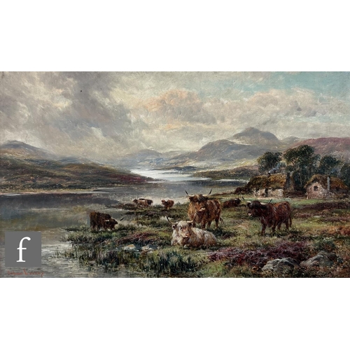 578 - ANDREW LENNOX (LATE 19TH CENTURY) - Highland cattle in a mountainous river landscape, oil on canvas,... 