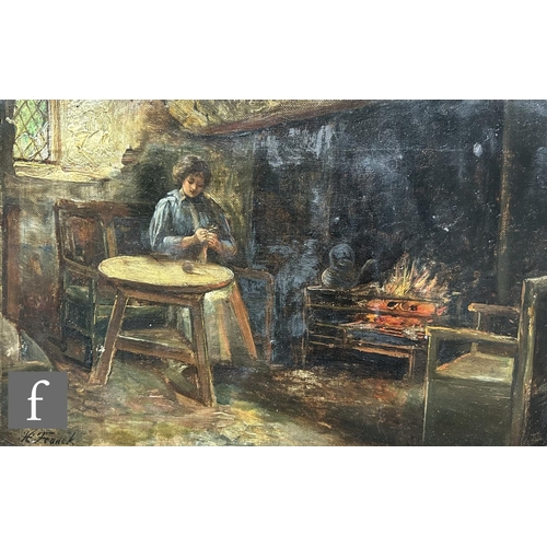 585 - HELEN FRANCK (LATE 19TH CENTURY) - A young woman sitting in a cottage interior, oil on canvas, signe... 