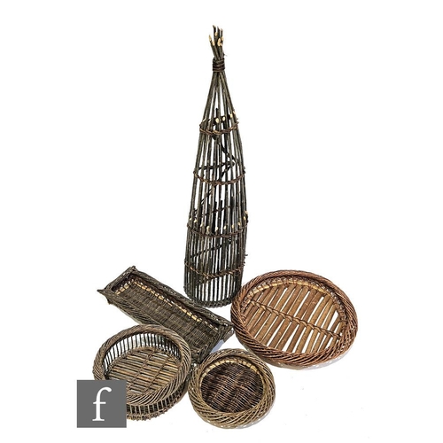 360 - A contemporary woven wall mounted wicker umbrella stand of tapered semi-circular form, together with... 