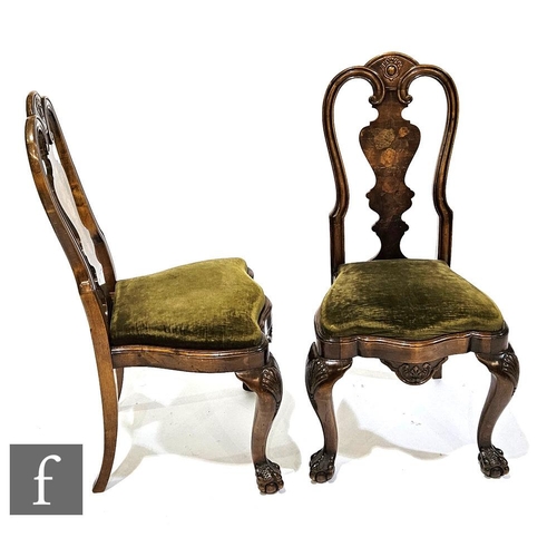 1006 - A set of six early 20th Century William and Mary style walnut dining chairs, with floral inlaid spla... 