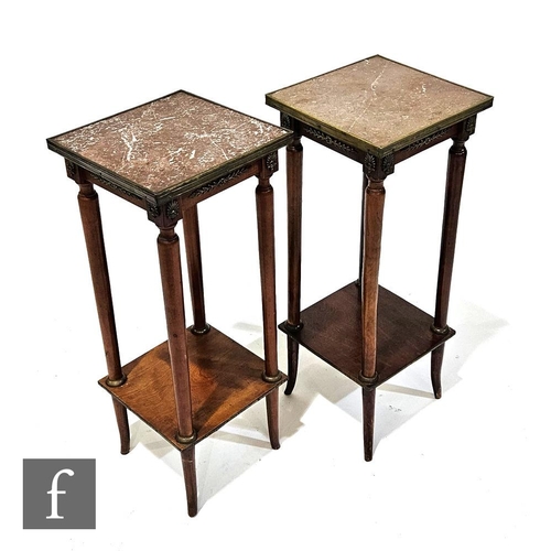 1007 - A pair of late 19th to early 20th Century French walnut jardiniere stands of square form, the tops i... 