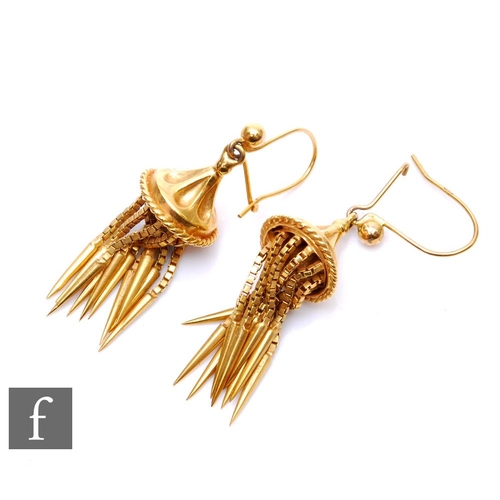 219 - A pair of 9ct tassel drop earrings, total weight 6.5g, terminating in shepherd's crook fittings, unm... 