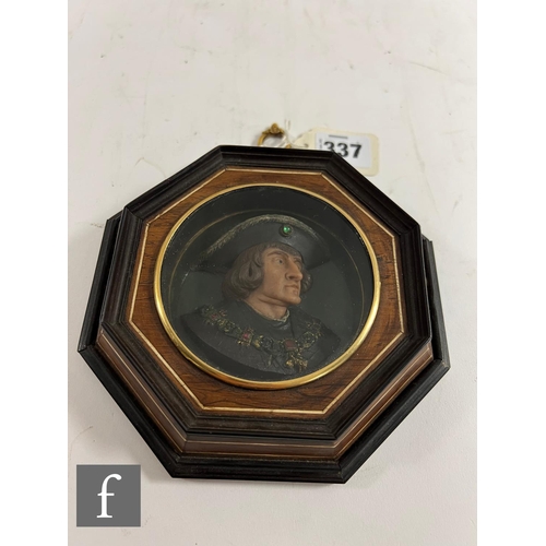 337 - A replica coloured wax profile portrait of Sir Thomas More wearing the jewelled collar of The Order ... 