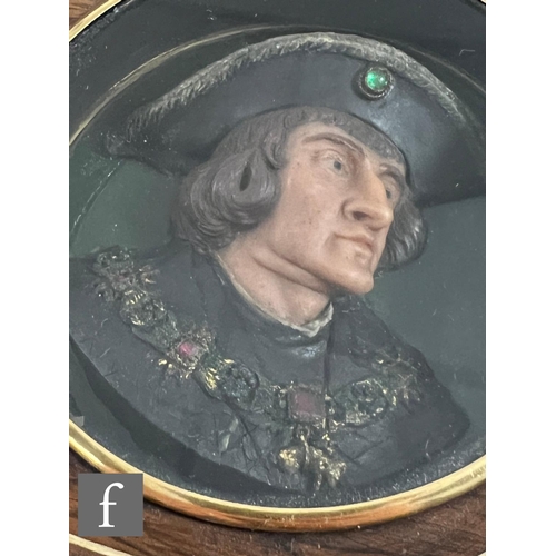 337 - A replica coloured wax profile portrait of Sir Thomas More wearing the jewelled collar of The Order ... 