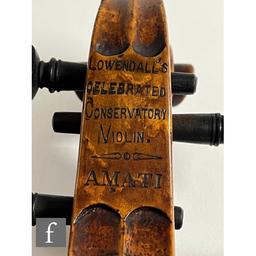 373 - A late 19th Century German violin bears label L. Lowendall, Dresden, length 36cm, stamped 'Lowendall... 