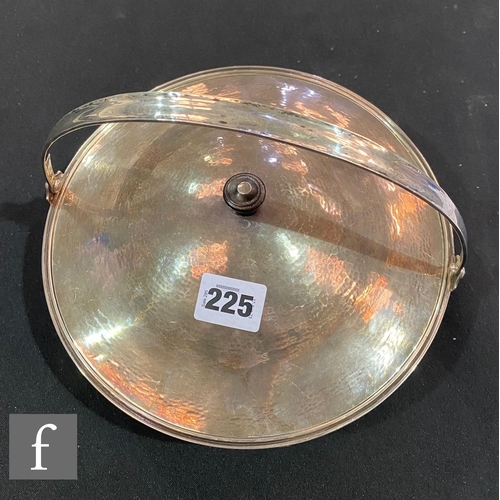 225 - A hallmarked silver circular dish and cover with conforming silver liner terminating in wooden knop ... 