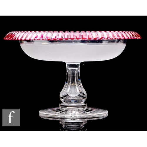 848 - A Victorian clear crystal tazza, the shallow bowl with basal frosted decoration and overturned rim w... 