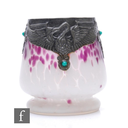 854 - A 20th Century style glass vase, of footed ovoid form, the body decorated with mottled amethyst and ... 