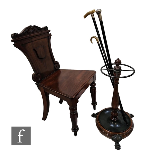 1019 - A Victorian mahogany hall chair on turned legs, a replica Victorian umbrella/stick stand , a silver ... 