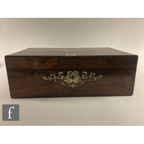 332 - A mid 19th Century rosewood mother of pearl and abalone shell inlaid writing slope, the interior fit... 