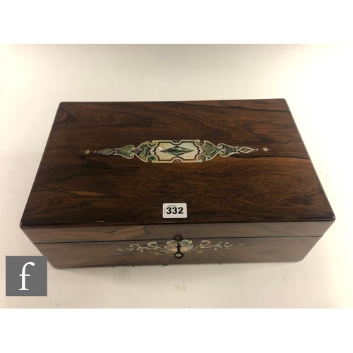 332 - A mid 19th Century rosewood mother of pearl and abalone shell inlaid writing slope, the interior fit... 