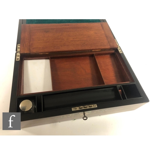 332 - A mid 19th Century rosewood mother of pearl and abalone shell inlaid writing slope, the interior fit... 