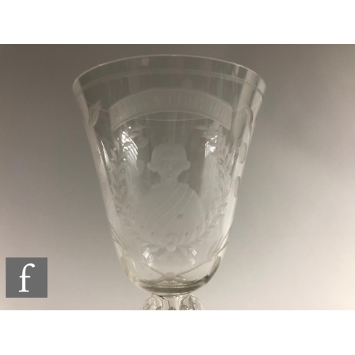 911 - A 20th Century copy of a clear crystal Jacobite goblet, the round funnel bowl engraved with Jacobite... 