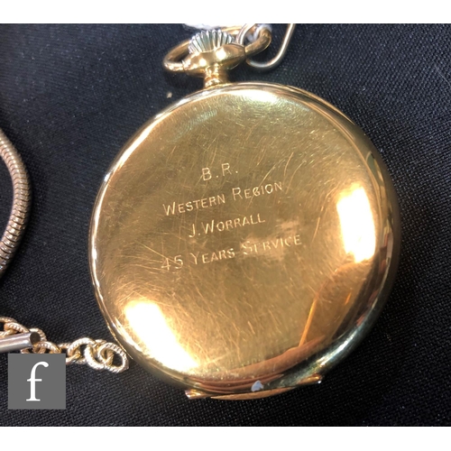 312 - A gold plated crown wind Garrard pocket watch with Arabic numerals to a white enamelled dial engrave... 