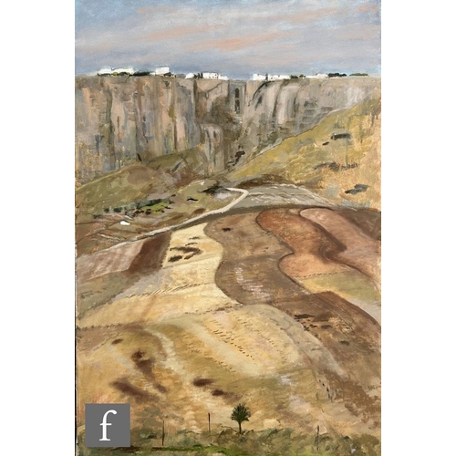 9093 - RICHARD BEER (1928-2017) - A view of fields to a distant village, oil on canvas, unframed, 91cm x 61... 