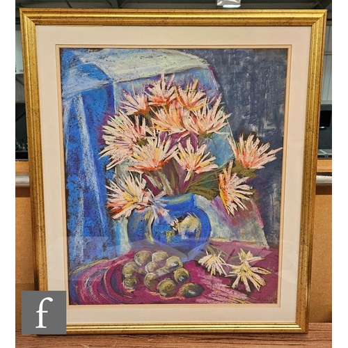 9082 - ALICE WAUGH (CONTEMPORARY) - Flowers in a blue vase, pastel drawing, signed, framed, 59cm x 48cm, fr... 