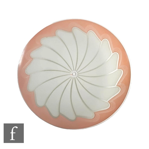 9096 - A large 1950s domed glass shade decorated in pink with a white fan motif, fitting diameter 1.6cm, di... 