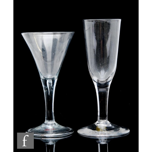 9108 - An 18th Century wine glass circa 1750, the trumpet bowl above a drawn plain stem with elongated tear... 