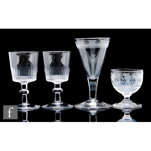 9115 - A late 18th Century drinking glass circa 1780, the conical bowl with a daisy border above a solid pl... 