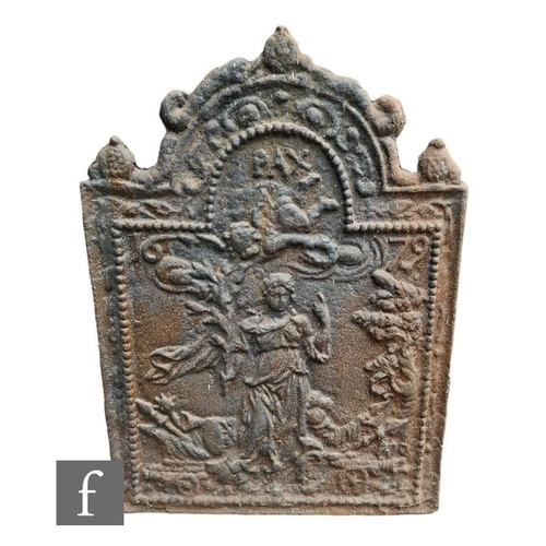 1121 - A 19th Century cast iron fireback bearing the date 1679 depicting a Romanesque female under PAX poss... 