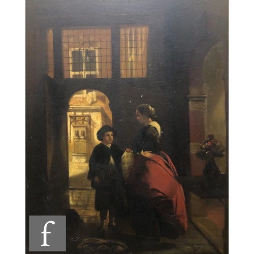 544 - MANNER OF PIETER DE HOOCH - A woman and boy in an interior, oil on panel, a 19th Century copy, frame... 