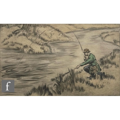 571 - HENRY WILKINSON (1929-2011) - An angler bringing a fish to the net, hand coloured etching, signed in... 