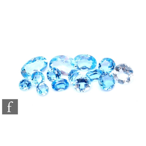 676 - Fourteen assorted loose cut and polished aquamarine stones to include oval and round examples, large... 