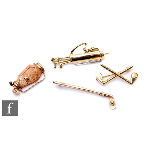 683 - Two 9ct gold related bar brooches with a similar golf bag brooch, total weight 7.8g, with a similar ... 