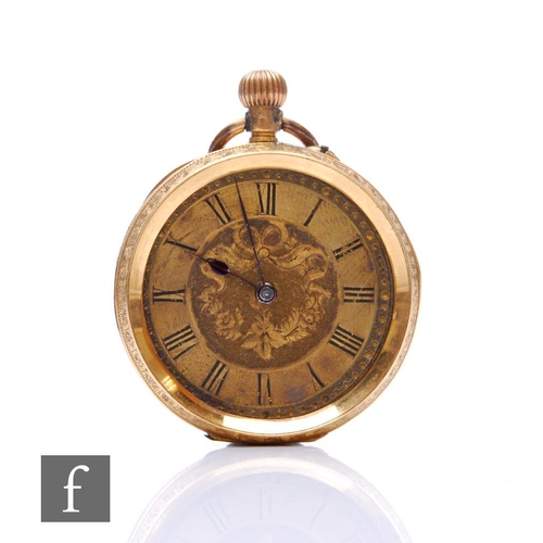 709 - An early 20th Century 18ct open faced crown wind fob watch, Roman numerals to a gilt dial, case diam... 