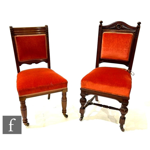 1096 - A set of six late Victorian walnut dining chairs with rosette carved top rails above red plush fabri... 