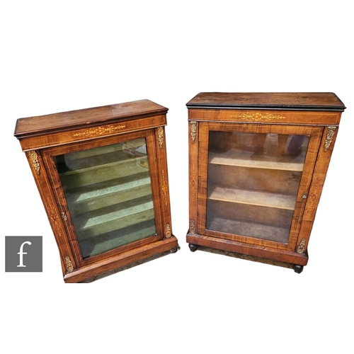 1125 - Two late Victorian line inlaid walnut veneered pier cabinets, each with an inlaid foliate frieze abo... 