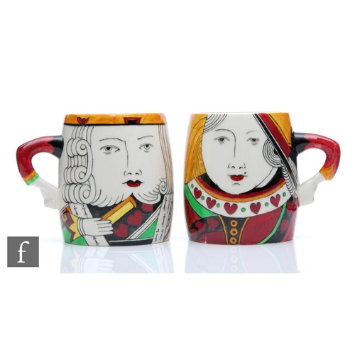 354 - Clarice Cliff - House of Cards - A pair of mugs circa 1950s, transfer printed and painted with the K... 