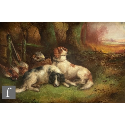 453 - ROBERT CLEMINSON (1864-1903) - Two setters sitting beside a game bag, oil on canvas, signed, framed,... 