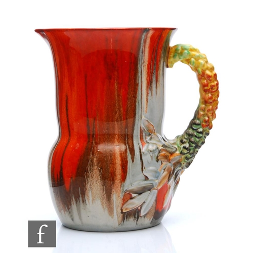 362 - Clarice Cliff - My Garden (Flame) - A large shape 677 flower jug circa 1934, of swollen ovoid form w... 