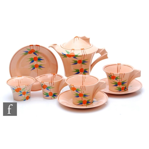 351 - Clarice Cliff - Oranges (Variant) - A Daffodil shape early morning breakfast set circa 1935, compris... 