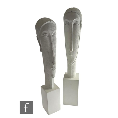 1132 - Artform - A graduated pair of contemporary sculptures depicting a stylised head of a man and woman i... 