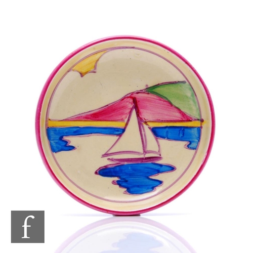 115 - Clarice Cliff - Gibraltar - A small circular pin dish circa 1932, hand painted with a sailing boat b... 