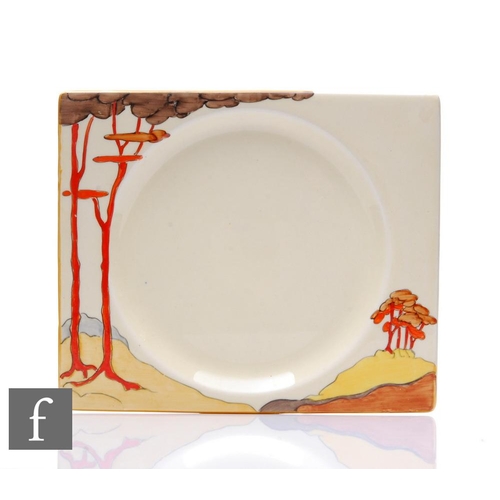 117 - Clarice Cliff - Coral Firs - A Biarritz shape side plate circa 1933, hand painted with a shoulder va... 