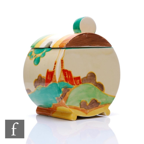 123 - Clarice Cliff - Secrets - A Bon Jour shape preserve pot circa 1933, hand painted with a stylised tre... 