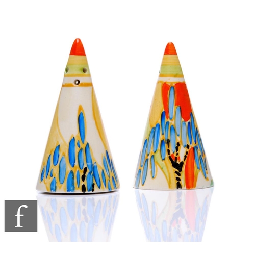 132 - Clarice Cliff - Windbells - A pair of conical salt and pepper pots circa 1933, hand painted with a s... 