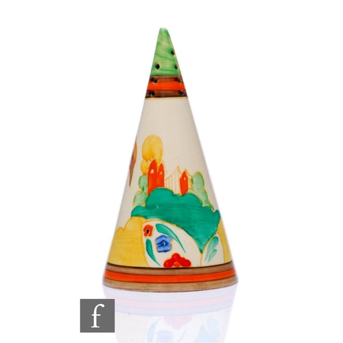 139 - Clarice Cliff - Alton Green - A conical sugar sifter circa 1933, hand painted with a stylised landsc... 