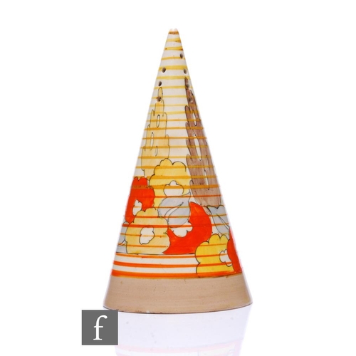 153 - Clarice Cliff - Capri Orange - A conical sugar sifter circa 1934, hand painted with a stylised garde... 