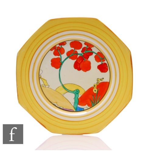 166 - Clarice Cliff - Bridgwater Orange - An octagonal plate circa 1933, hand painted to the central well ... 