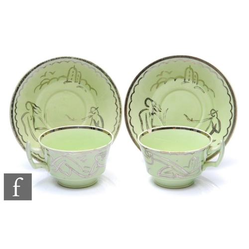 356 - Ernest Proctor - Clarice Cliff - A pair of large Athens shape tea cups and saucers circa 1934, hand ... 